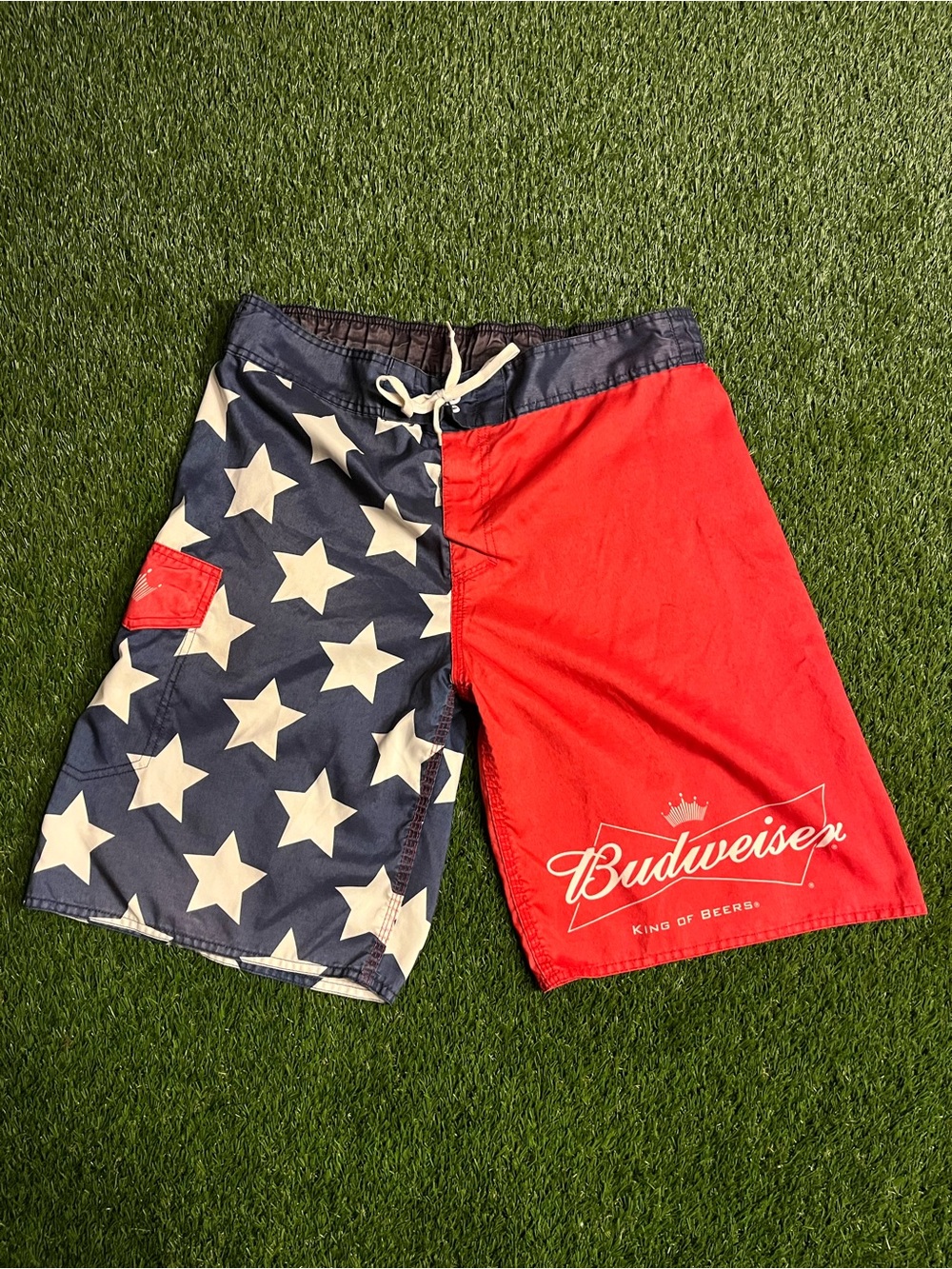 Vintage Budweiser Red & Navy Star Patriotic Swim Trunks Men’s Size 34